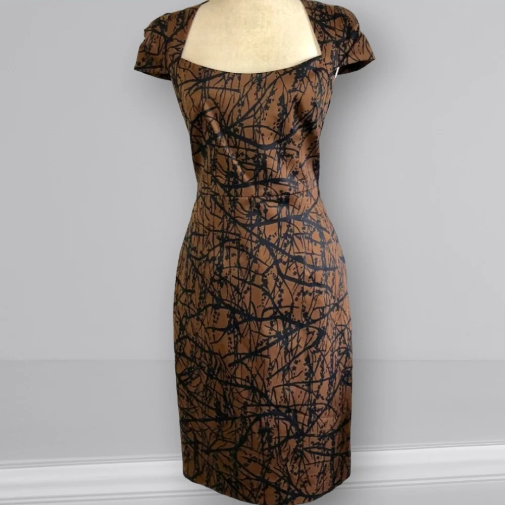 David Meister Brown Branch Sheath Dress XS